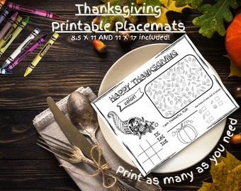 Puede incluir: Manteles individuales imprimibles de Acción de Gracias con el texto "Happy Thanksgiving". Los manteles individuales incluyen una sección para colorear, un juego de tres en raya y una sección para escribir por qué estás agradecido. Incluye tamaños de 8,5 x 11 y 11 x 17.