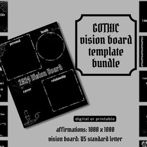 May include: A printable gothic vision board template bundle with affirmations and a vision board. The vision board is divided into four sections: health, personal, career, and relationship. The affirmations are printed on separate cards with gothic-inspired illustrations.