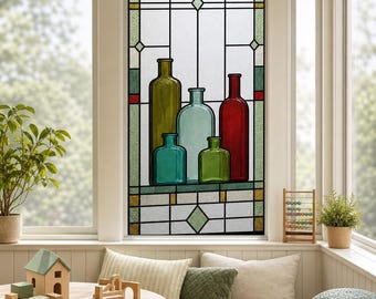 Window Decor Printed Stained Glass Effect Film with Bottle Design, Custom Size Available
