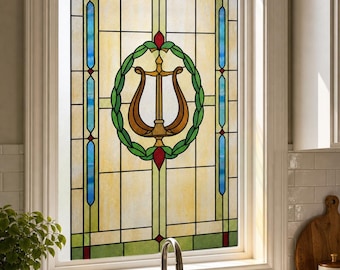 Add Privacy with Lyre and Laurel Wreath Stained Glass Effect Film, Custom Size Available