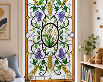 Kids Room Art Nouveau Grapevine Printed Stained Glass Effect Window Film, Custom Size