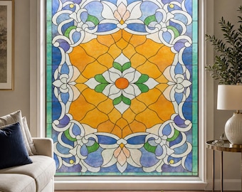Amber Floral Medallion Window Film with Blue Scroll Border, Custom Size Available