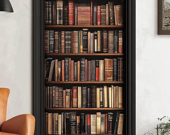 Peut inclure: Une porte noire avec un autocollant de bibliothèque représentant des rangées de livres marrons, rouges et noirs. L'autocollant de bibliothèque est une représentation réaliste d'une bibliothèque remplie de livres.