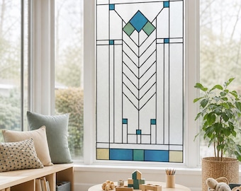Geometric Diamond Art Deco Window Film, Blue Teal Stained Glass Effect, Custom Size