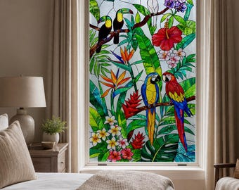 Tiffany Style Tropical Bird Window Film with Parrots and Leaves, Custom Size Available