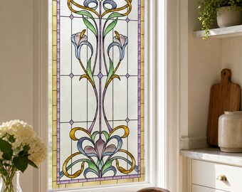 Kitchen Window Printed Stained Glass Effect Film with Art Nouveau Iris, Custom Size