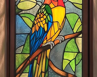 Custom Size Tropical Parrot Stained Glass Window Film Stunning Red Yellow and Blue Bird for Kitchen Living Room and Office Window Privacy
