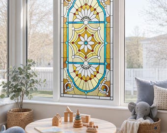 Kids Room Printed Stained Glass Effect Film, Art Deco Floral Geometric, Custom Size