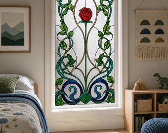 Art Nouveau Red Rose Window Film with Leafy Vines, Custom Size Available