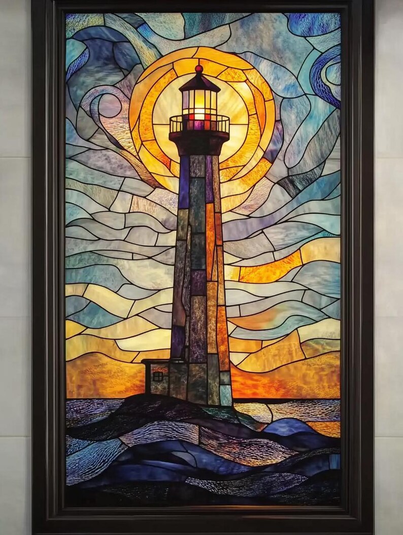 Lighthouse Window Texture Custom Size Stained Glass Lighthouse Window Film Sunset Waves and ...