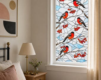 Red-Breasted Bird and Berry Window Film, Printed Stained Glass Effect, Custom Size