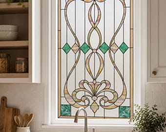 Fleur-de-Lis Scroll Window Film in Amber and Teal, Custom Size Available