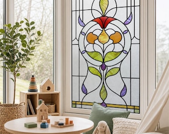 Light-Filtering Privacy Decor with Green Art Nouveau Floral Medallion Window Film, Custom Size