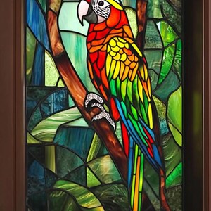May include: A stained glass window depicting a colorful parrot perched on a branch. The parrot has red, yellow, green, and blue feathers. The background is a green and blue stained glass design.