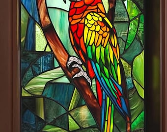Custom Size Tropical Parrot Stained Glass Window Cling Non-Adhesive Bird and Foliage Design for Privacy and Aesthetic Appeal