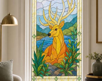 Gold and Blue Stag Static Cling Film, Printed Stained Glass Effect, Custom Size Available