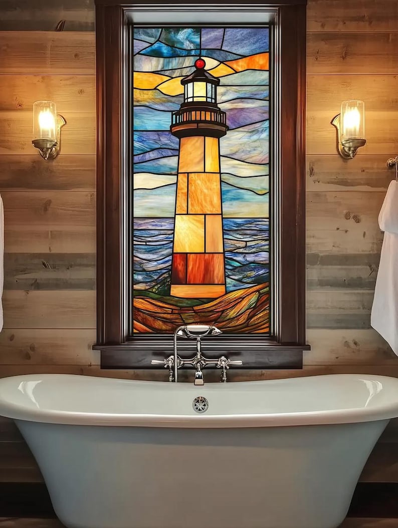 Lighthouse Window Texture Custom Size Stained Glass Lighthouse Window Film Coastal Theme With Red ...