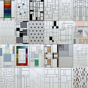 Puede incluir: Un collage de 23 diseños diferentes de ventanas de vidrieras. Cada diseño presenta un patrón geométrico único con varios colores y formas.