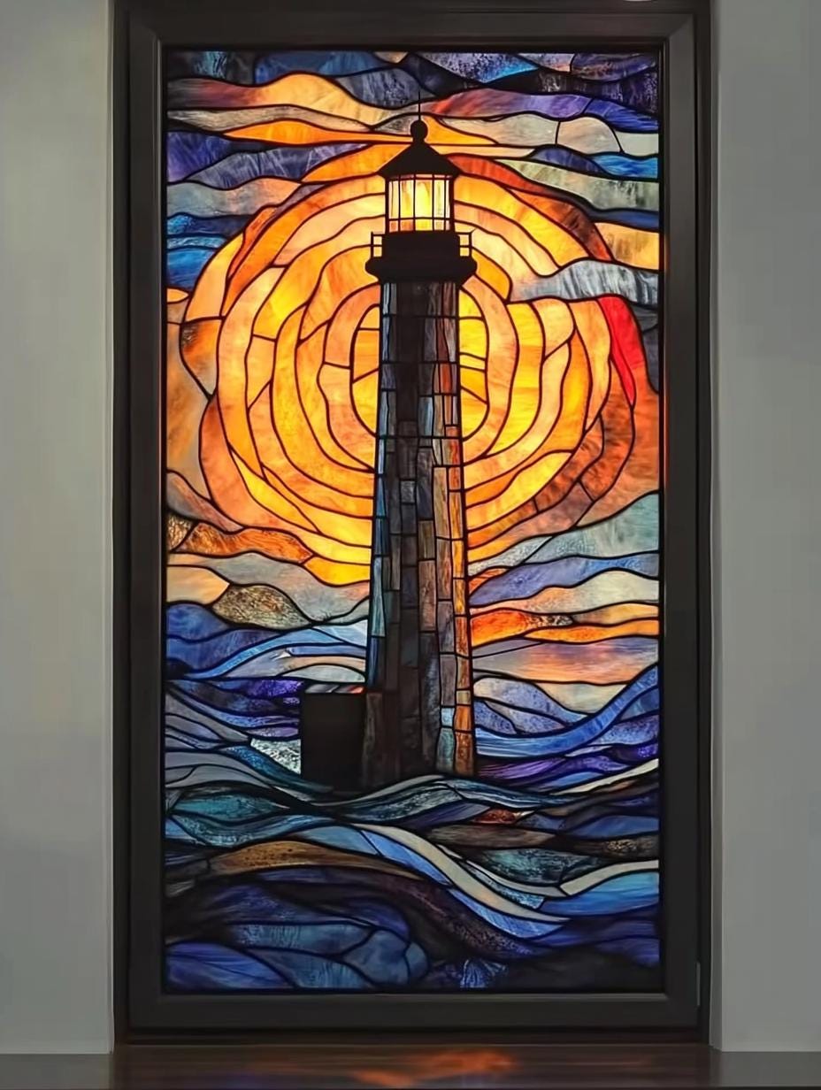 Window Frame Lighthouse Custom Size Stained Glass Lighthouse Window Film Sunset Waves and ...