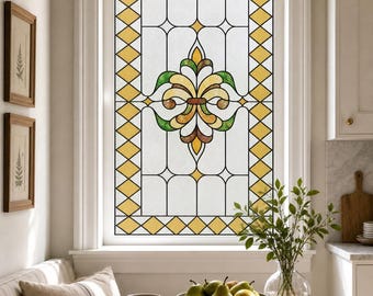 Add Privacy with Gold Fleur-de-Lis Window Film, Diamond Border, Custom Size Available