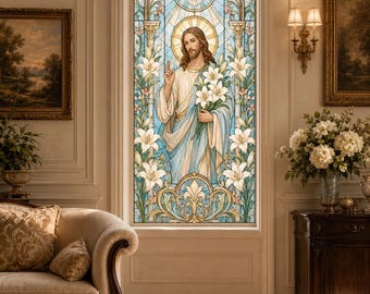 Lámina de privacidad para vidrieras de Jesús a medida, panel de arte cristiano de paloma y lirio para una decoración luminosa y minimalista de la sala de estar.