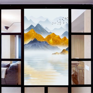 Landscape Painting No Glue Privacy Window Film Static Cling Frosted Stained Glass Decorative Window Sticker Window Film Customized
