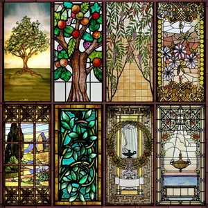 May include: A collection of nine stained glass panels depicting various scenes. The panels feature a tree with red and green fruit, a leafy vine, a lamp with a wreath, a lamp with a chain, and a geometric pattern.
