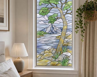 Windswept Tree Landscape Stained Glass Effect Window Film, Custom Size Available