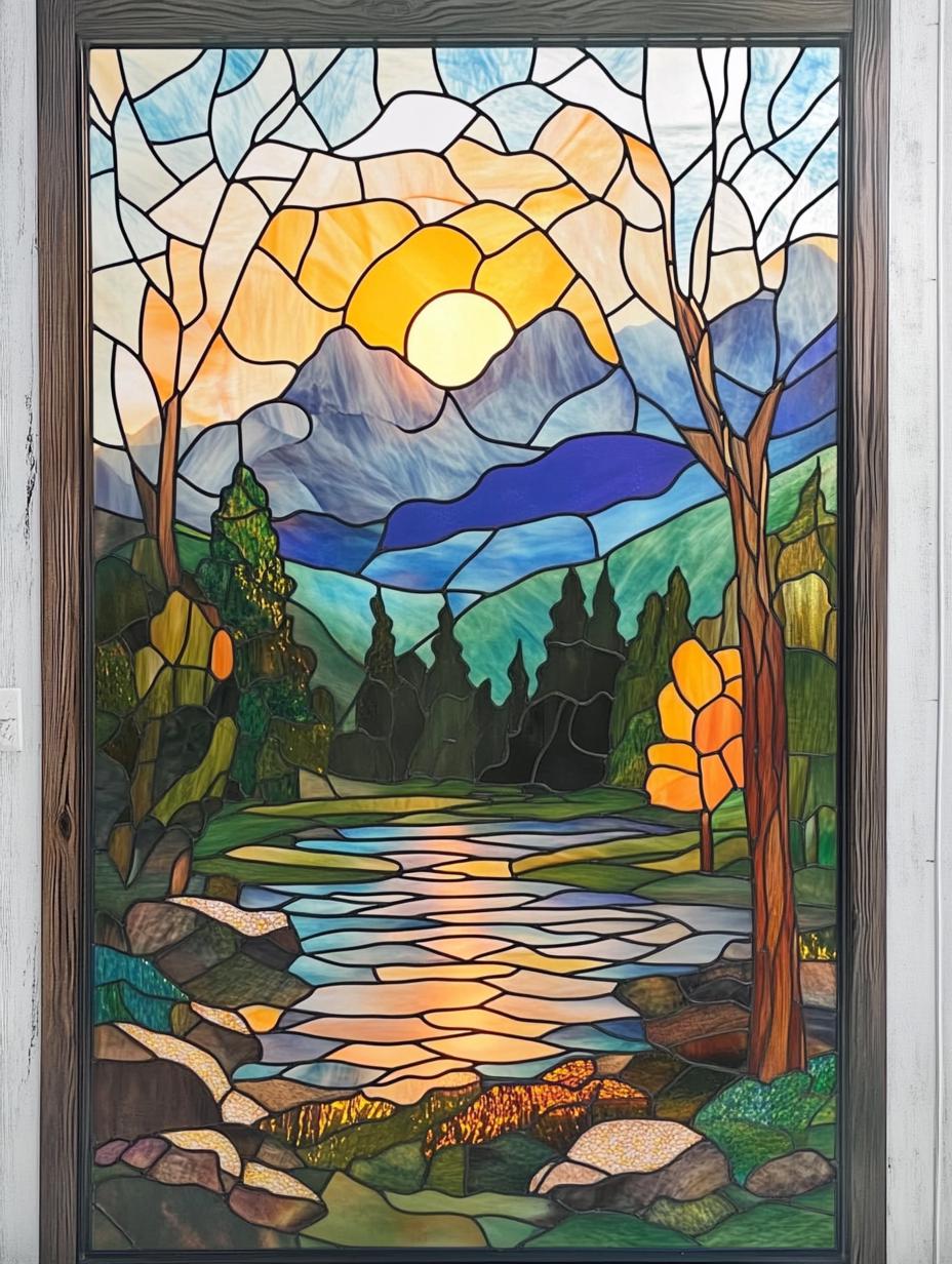 Custom Size Scenic Mountain River Window Film Nature-Inspired Stained Glass Design with Flowing River and Autumn Trees Static Cling