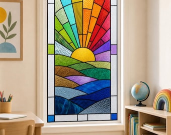 Rising Sun and Rolling Hills Art Deco Window Film in Yellow, Blue and Green, Custom Size