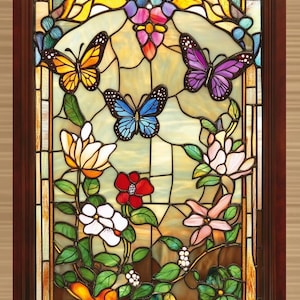 Custom Size Elegant Butterfly and Floral Stained Glass Window Film Non-Adhesive Static Cling for Home or Office Vibrant Privacy Protection