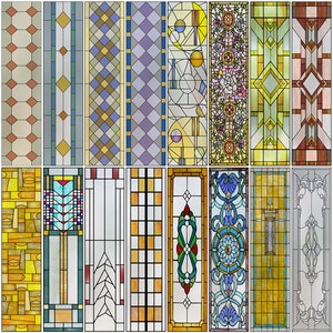 Könnte beinhalten: Eine Sammlung von 18 Buntglasfenstern mit verschiedenen geometrischen und floralen Mustern. Die Fenster sind in verschiedenen Farben, darunter Blau, Grün, Rot, Gelb und Braun.