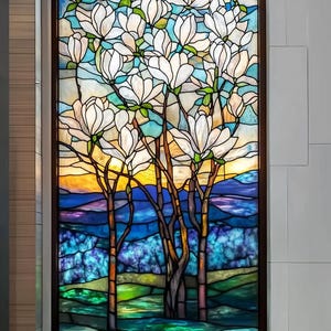 Película para ventana de tamaño personalizado con diseño de flores de magnolia, no adhesiva, estática, para una mayor privacidad, decorativa, con diseño floral