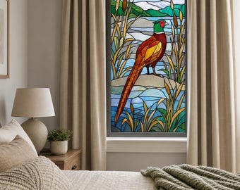 Tiffany Style Pheasant and Cattails Stained Glass Effect Window Film, Custom Size Available