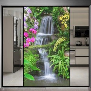 Custom Size Waterfall Pattern Sun Blocking Privacy Glass Window Film Stained Glass Door Sticker Glue-Free Static Cling Frosted Window Film