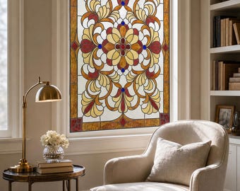 Add Privacy with Golden Floral Scrollwork Stained Glass Effect Film, Custom Size Available