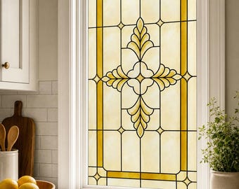 Art Deco Amber Floral Medallion Window Film, Frosted Static Cling, Custom Size Available