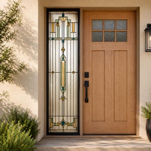 Custom Size Art Deco Geometric Stained Glass Window Privacy Film with Modern Abstract Design and Elegant Front Door Sidelight
