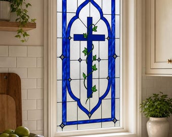 Blue Gothic Cross Static Cling Window Film with Green Vine, Custom Size Available