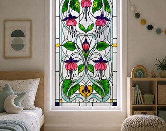 Aqua Frosted Fuchsia Flower Static Cling Window Film, Custom Size Available