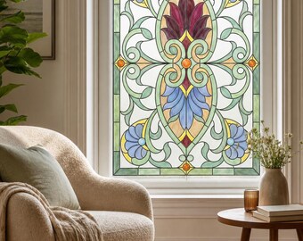 Art Nouveau Burgundy and Blue Floral Static Cling Film, Custom Size Available
