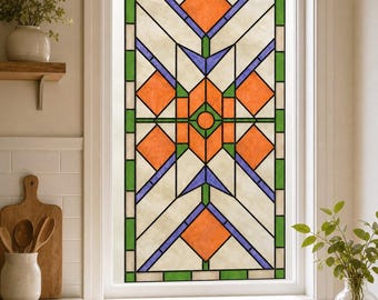 Kitchen Window Art Deco Diamond Stained Glass Effect Film in Orange and Green, Custom Size
