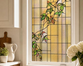 Kitchen Window Printed Stained Glass Effect Film with Green Leafy Vine, Custom Size Available