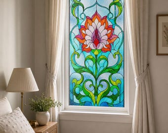 Lotus Flower Window Film in Aqua Green and Pink, Art Nouveau Stained Glass Effect, Custom Size