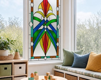Frosted Green, Blue and Orange Art Deco Static Cling Window Film, Custom Size Available