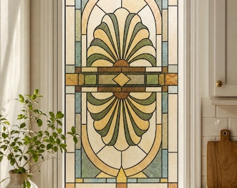 Art Deco Fan Motif Window Film in Amber and Sage Green, Custom Size Available