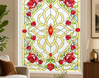 Red Rose Art Nouveau Window Film, Printed Stained Glass Effect, Custom Size Available