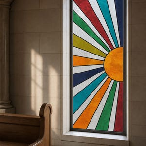 May include: A rectangular stained glass window panel featuring a vibrant sunburst design. The central orange sun radiates multicoloured beams in red, green, yellow, orange, dark blue, and teal, separated by thin white lines within a dark frame.