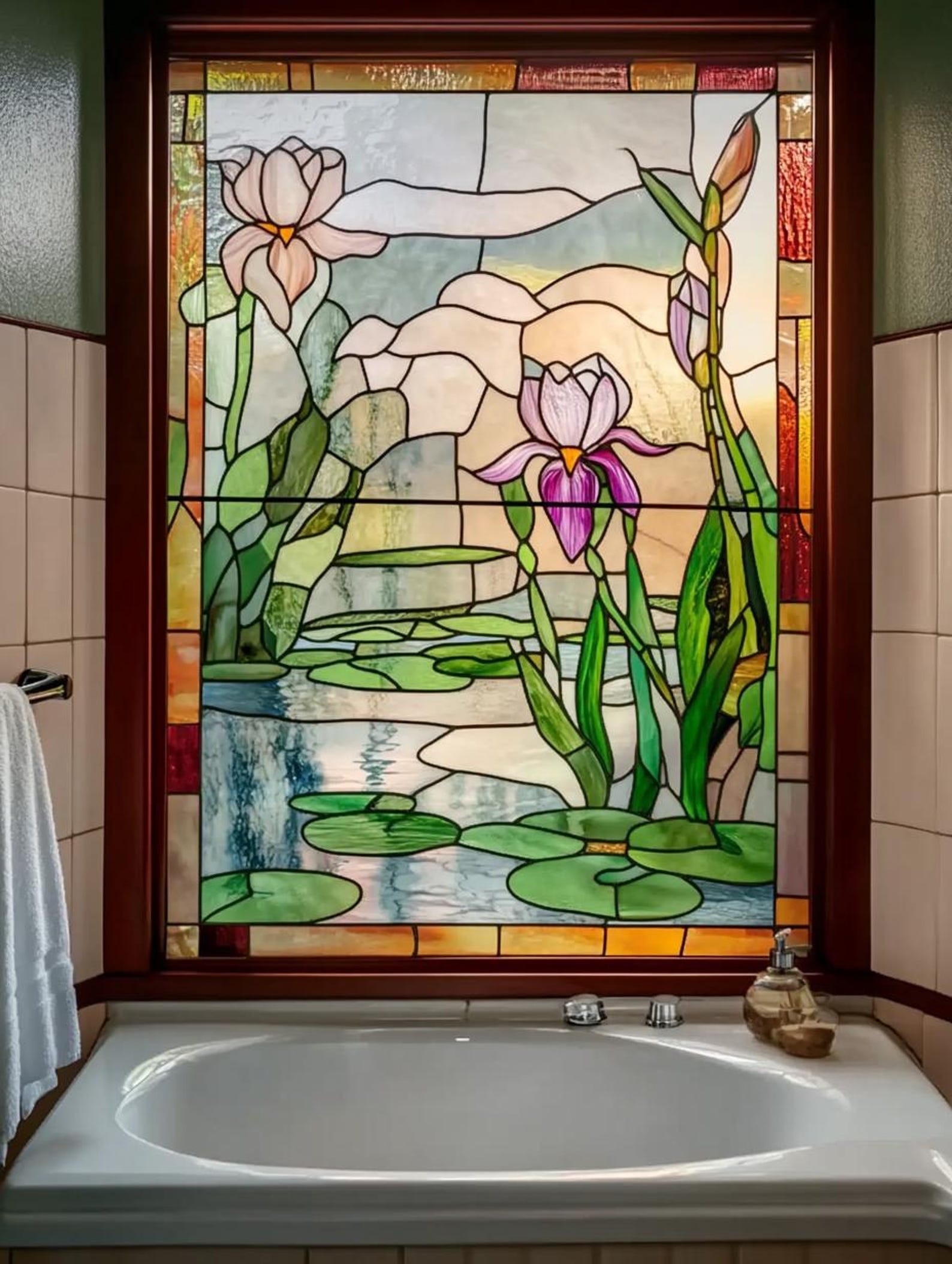 Custom Size Window Stained Glass Film Pond and Flower Design for ...
