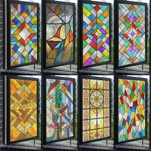 May include: Eight stained glass window panels featuring a variety of geometric designs in shades of blue, red, yellow, and green. The panels are framed in black.